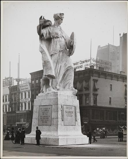 Robert L. Bracklow (1849-1919). [Policeman in front of monument entitled “Defeat of Slander”], 1910. Museum of the City of New York. 93.91.233