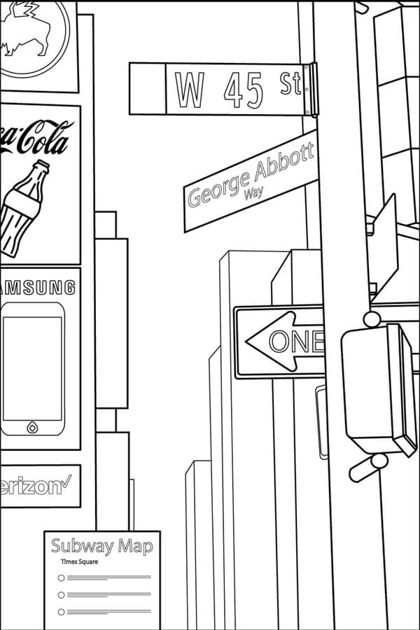 Coloring page showing the street sign for the part of 45th Street called George Abbott Way