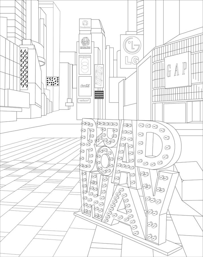 Coloring page showing the Broadway plazas and Broadway Up Close's illuminated Broadway sign