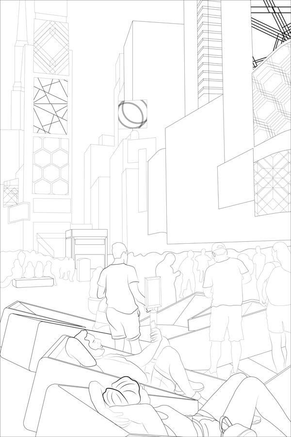 Coloring page featuring people relaxing in the XXX loungers on the plazas