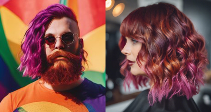 A photo of a man in rainbow attire with long purple hair, a shaved side, and an elaborate mustache and beard, nect to a photo of a woman with wavy pinkish hair