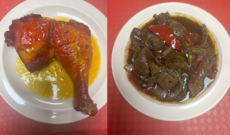 A plate with a glazed chicken leg and a plate with stewed pepper steak