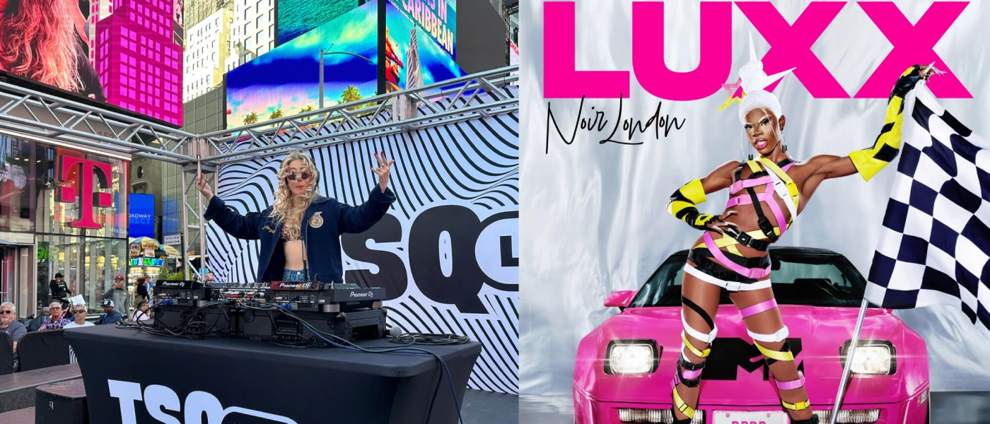 A photo of a DJ doing a set at TSQ LIVE 2024 next to a promotional photo of Luxx Noir London