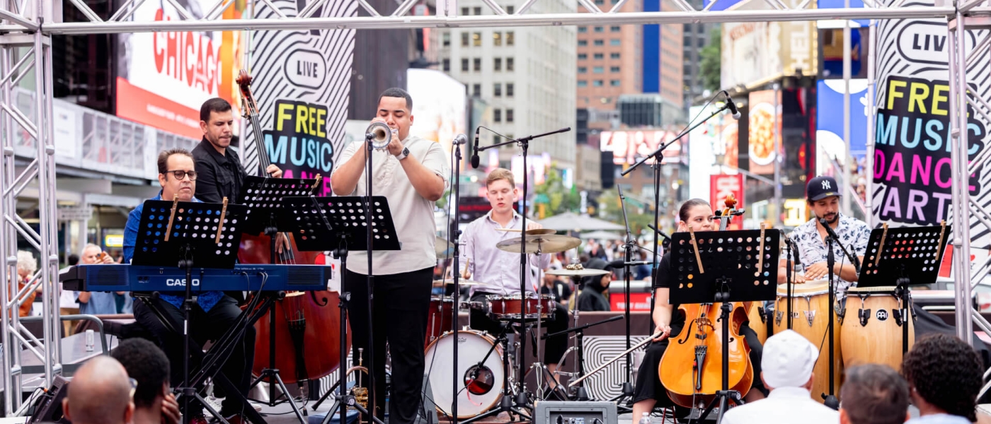 The Jesus Ricardo Sextet performing live jazz in Times Square as part of TSQ LIVE 2024