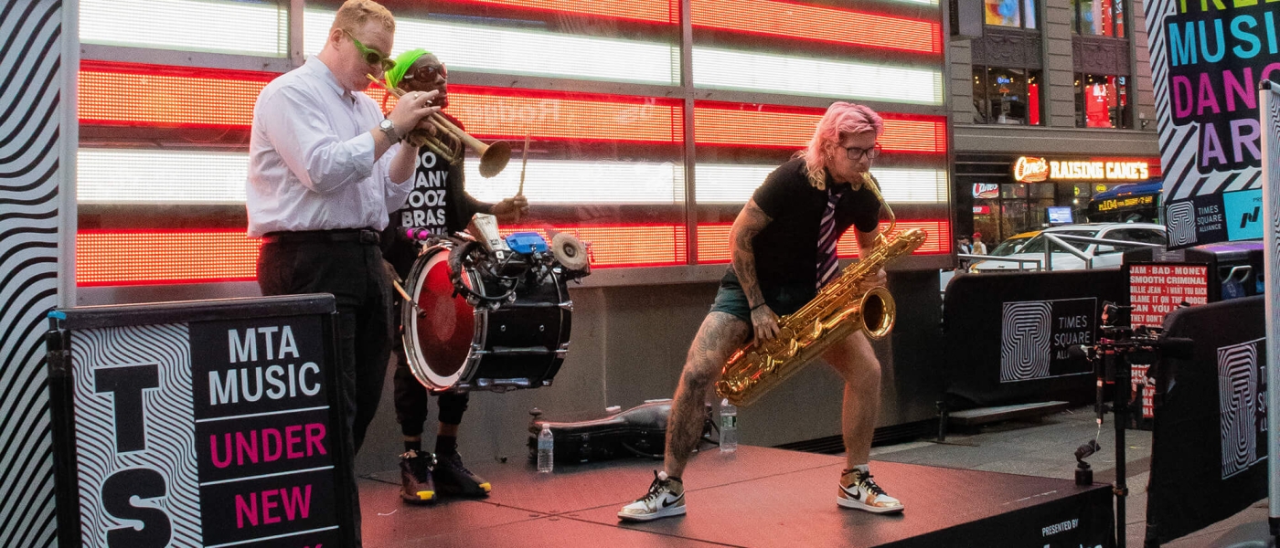 Too Many Zooz performing in Times Square as part of the MTA Music series for TSQ LIVE 2024