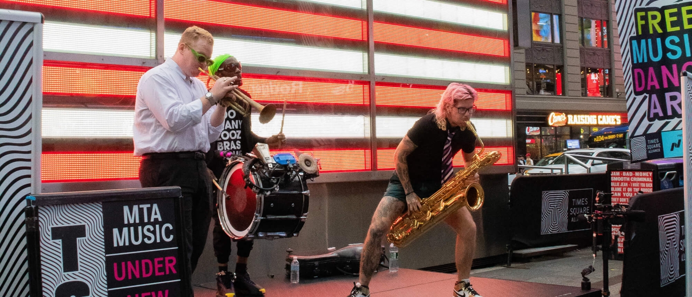 Too Many Zooz performing in Times Square as part of the MTA Music series for TSQ LIVE 2024