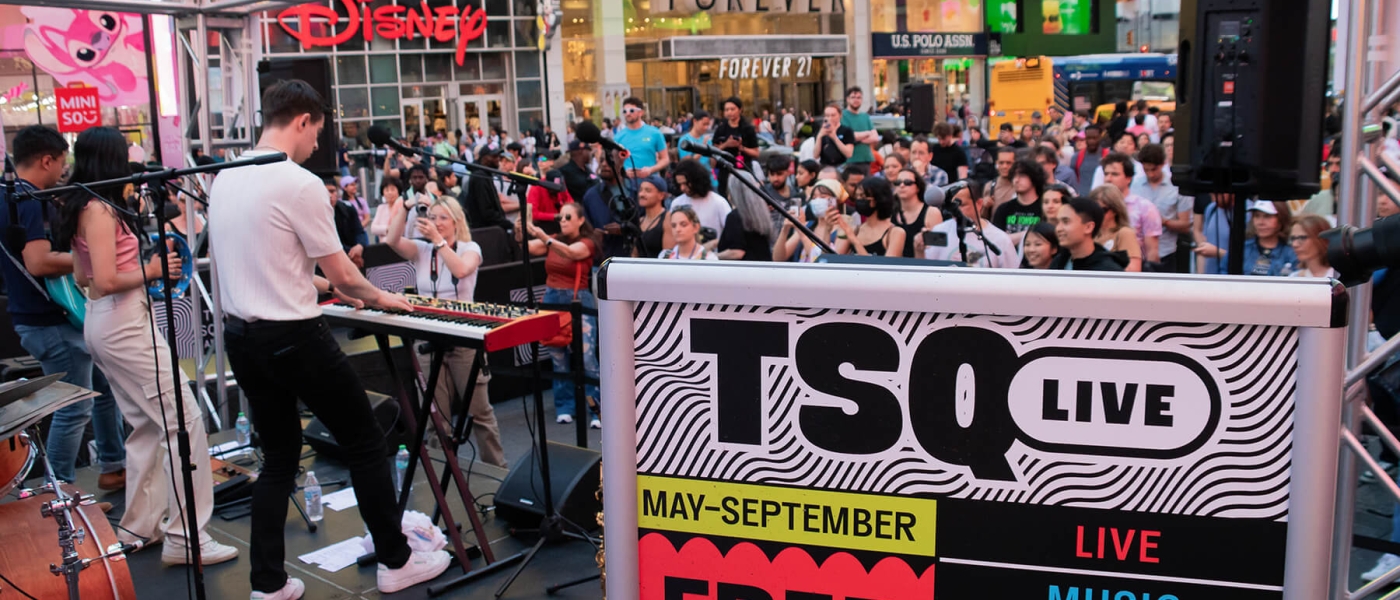 A band performing a Summer Fridays concert for TSQ LIVE 2024