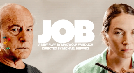 A promotional poster for JOB on Broadway, showing an older white man with colorful pushpins in his face and a younger white woman holding an open stapler to her face